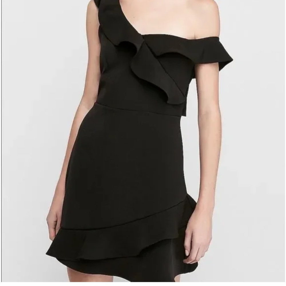 Express off-shoulder ruffle black mini dress